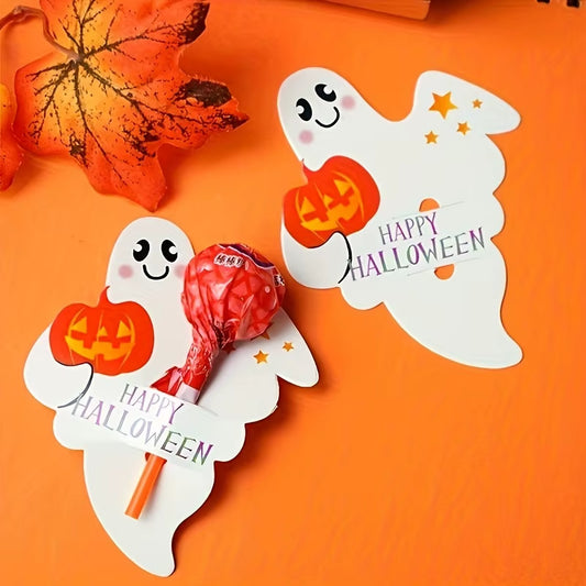 50Pcs Halloween Ghost Pumpkin Lollipop Holder Cards, Uncharged Paper Decorations for Party Favors, Suitable for Ages 14+