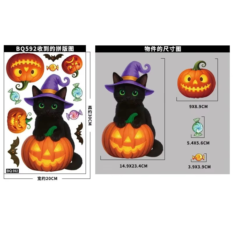 Halloween Window Glass Stickers Cartoon Pumpkin Lantern Candy Bat Skull Witch Hat Static Sticker Happy Halloween Day Party Decor