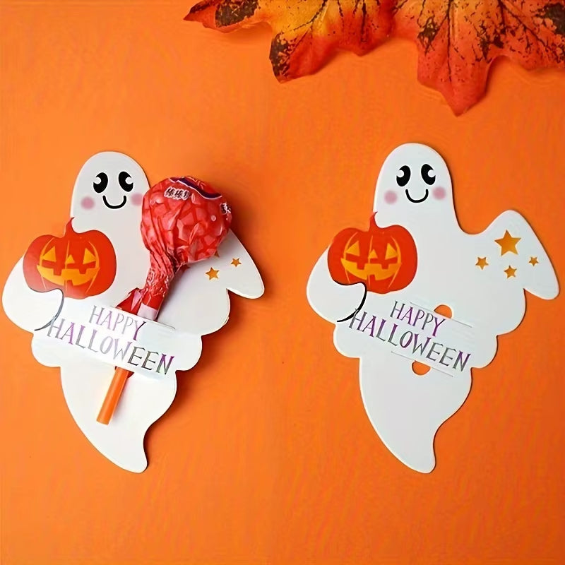 50Pcs Halloween Ghost Pumpkin Lollipop Holder Cards, Uncharged Paper Decorations for Party Favors, Suitable for Ages 14+
