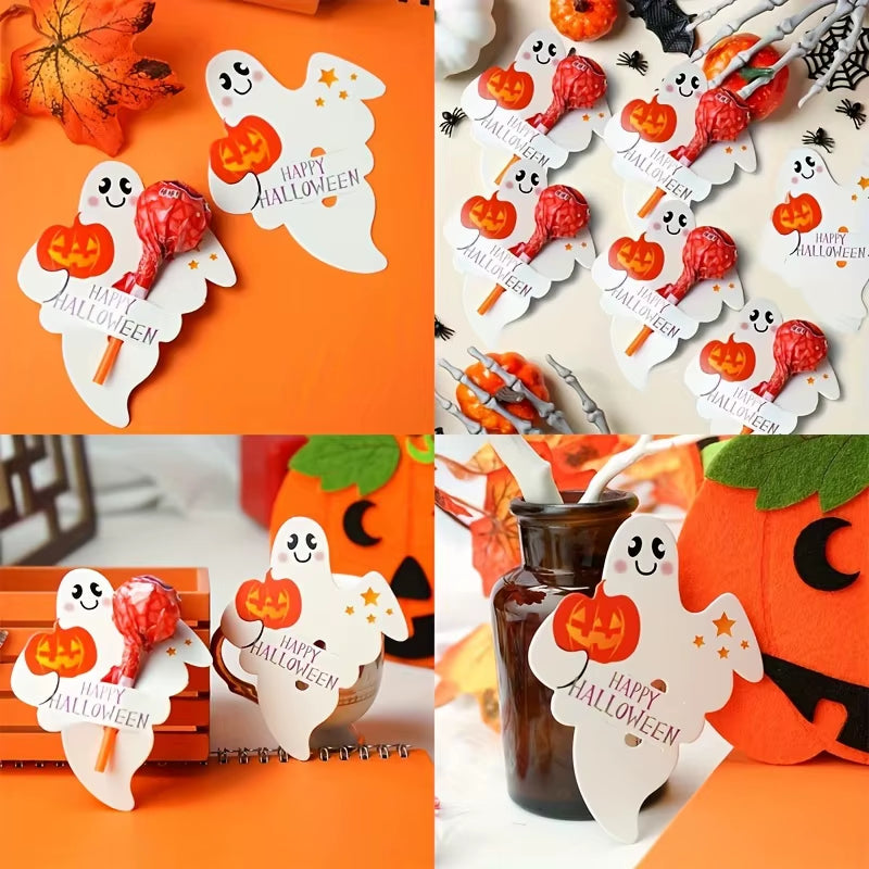 50Pcs Halloween Ghost Pumpkin Lollipop Holder Cards, Uncharged Paper Decorations for Party Favors, Suitable for Ages 14+