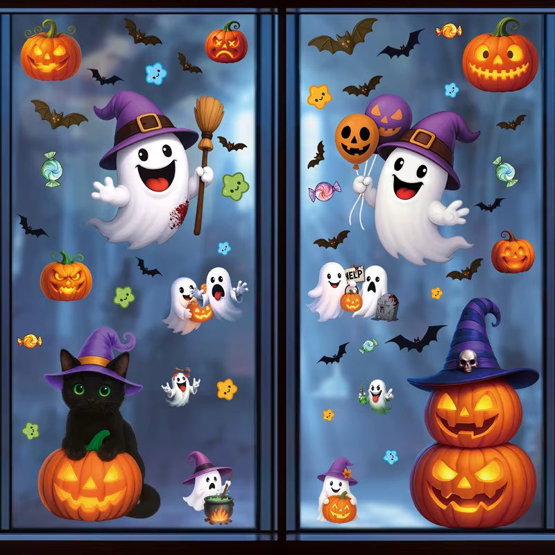 Halloween Window Glass Stickers Cartoon Pumpkin Lantern Candy Bat Skull Witch Hat Static Sticker Happy Halloween Day Party Decor