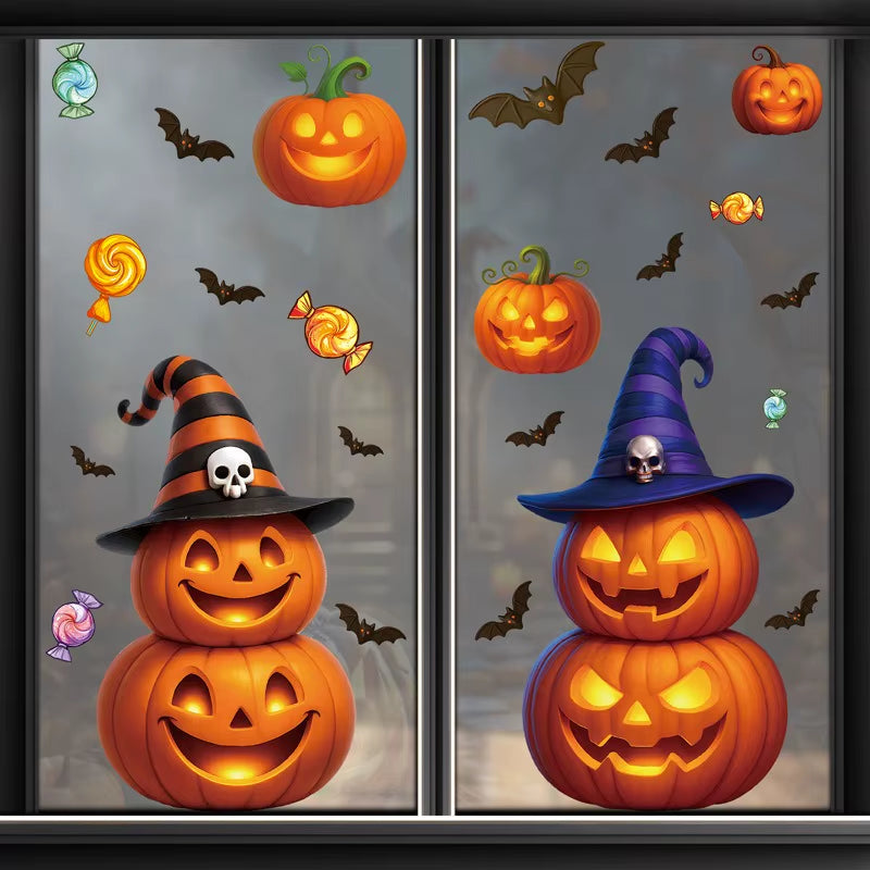 Halloween Window Glass Stickers Cartoon Pumpkin Lantern Candy Bat Skull Witch Hat Static Sticker Happy Halloween Day Party Decor