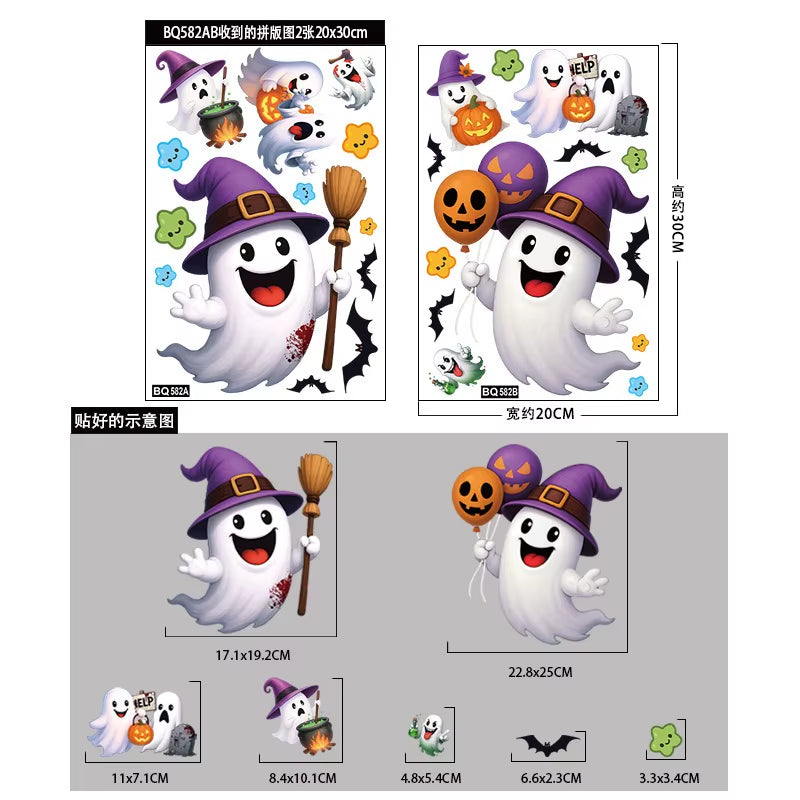 Halloween Window Glass Stickers Cartoon Pumpkin Lantern Candy Bat Skull Witch Hat Static Sticker Happy Halloween Day Party Decor