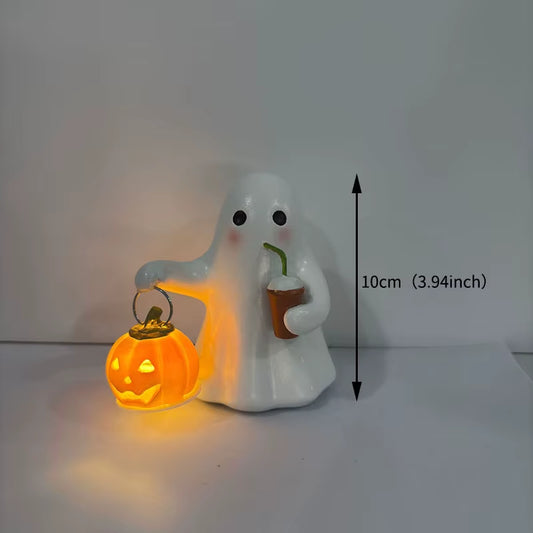 Halloween Cute Ghost Carrying Pumpkin Ornament White Orange Resin Home Decor Party Bar Desktop Mood Status Craft Festival Props