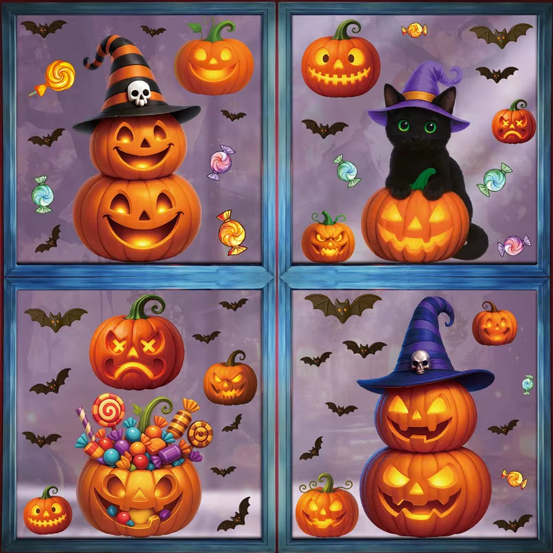 Halloween Window Glass Stickers Cartoon Pumpkin Lantern Candy Bat Skull Witch Hat Static Sticker Happy Halloween Day Party Decor