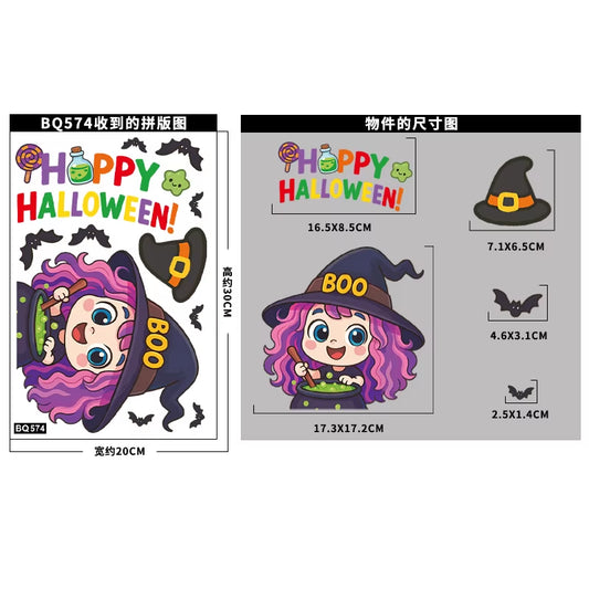 Halloween Window Glass Stickers Cartoon Pumpkin Lantern Candy Bat Skull Witch Hat Static Sticker Happy Halloween Day Party Decor
