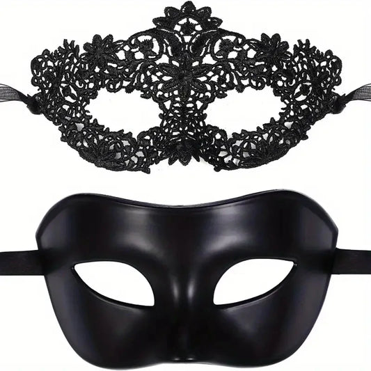 2Pcs Elegant Black Lace Masquerade Mask Set for Couples - Perfect for Venetian Party, Mardi Gras, and Halloween Celebrations