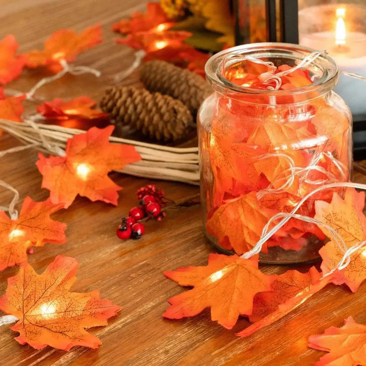 1PC 10/20/40LED Halloween Red Maple Leaf Light String,Battery Powered(Without Battery),Used for Autumn Harvest Decoration