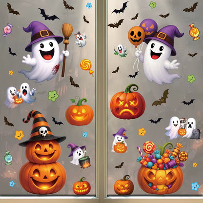 Halloween Window Glass Stickers Cartoon Pumpkin Lantern Candy Bat Skull Witch Hat Static Sticker Happy Halloween Day Party Decor
