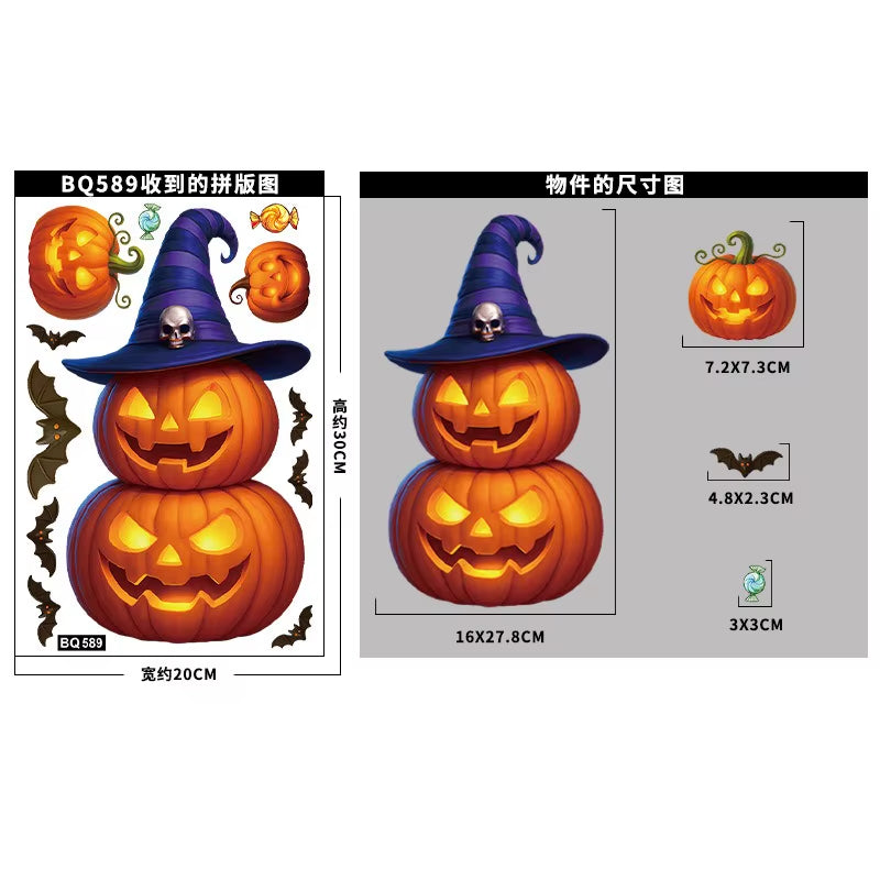 Halloween Window Glass Stickers Cartoon Pumpkin Lantern Candy Bat Skull Witch Hat Static Sticker Happy Halloween Day Party Decor