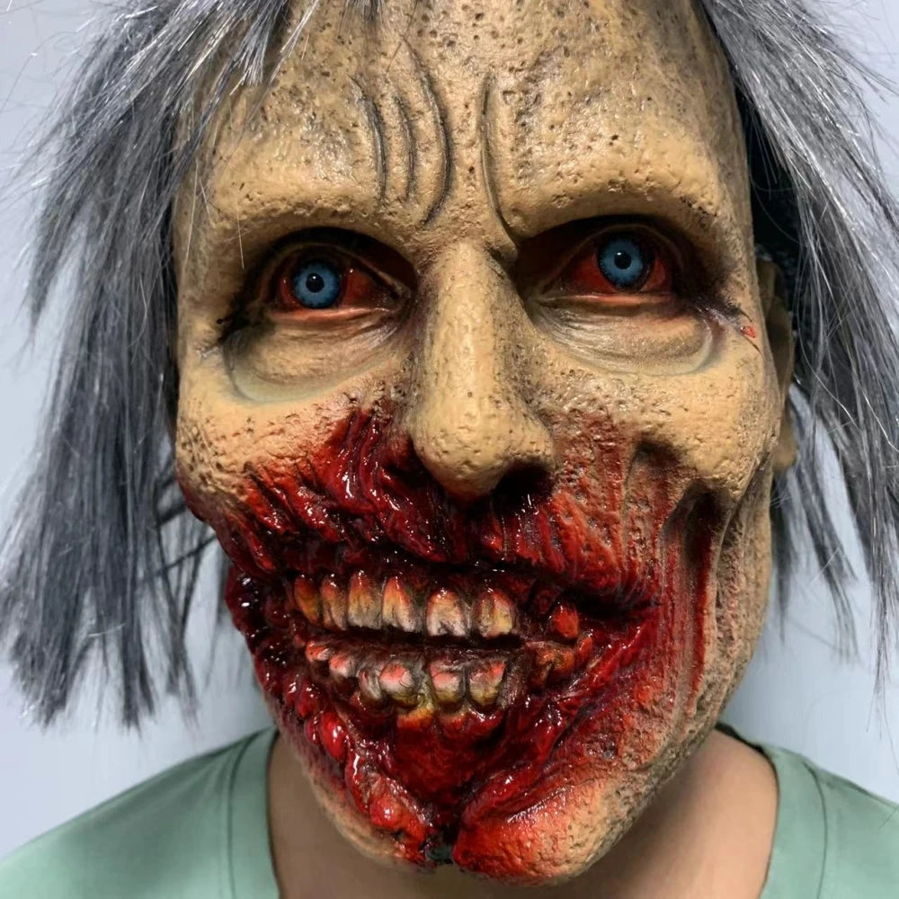 Realistic Scary Latex Zombie Mask for Halloween Horror, Carnival Party Costume - Full Head Prop (Adult/Elderly Woman Design)
