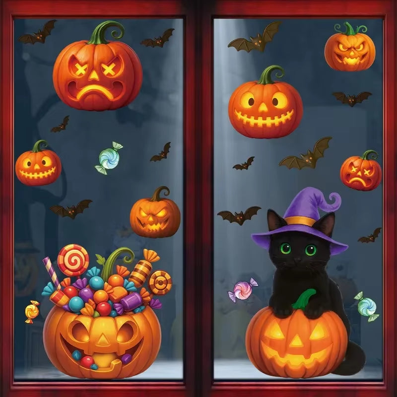 Halloween Window Glass Stickers Cartoon Pumpkin Lantern Candy Bat Skull Witch Hat Static Sticker Happy Halloween Day Party Decor