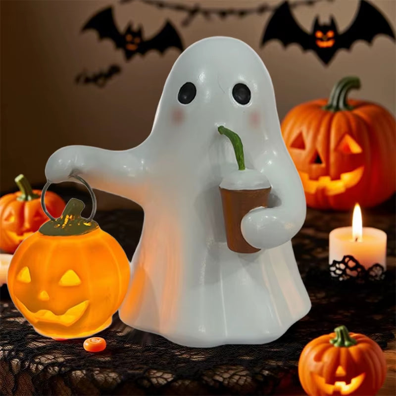 Halloween Cute Ghost Carrying Pumpkin Ornament White Orange Resin Home Decor Party Bar Desktop Mood Status Craft Festival Props