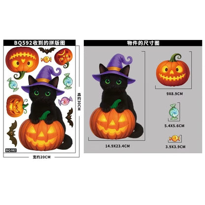 Halloween Window Glass Stickers Cartoon Pumpkin Lantern Candy Bat Skull Witch Hat Static Sticker Happy Halloween Day Party Decor