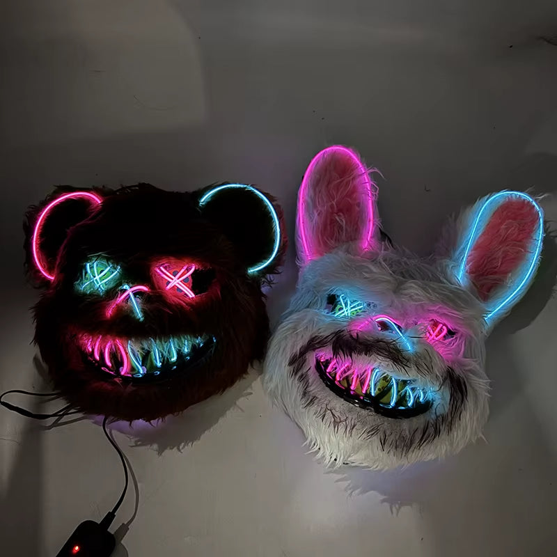 LED Bloody Rabbit Mask Horror Dance Masquerade Cosplay Decoration Cool Glowing Killer Rabbit Mask Scary Bloody Bear Mask for Men