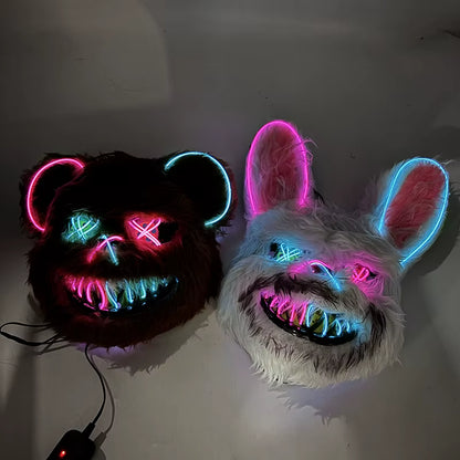 LED Bloody Rabbit Mask Horror Dance Masquerade Cosplay Decoration Cool Glowing Killer Rabbit Mask Scary Bloody Bear Mask for Men