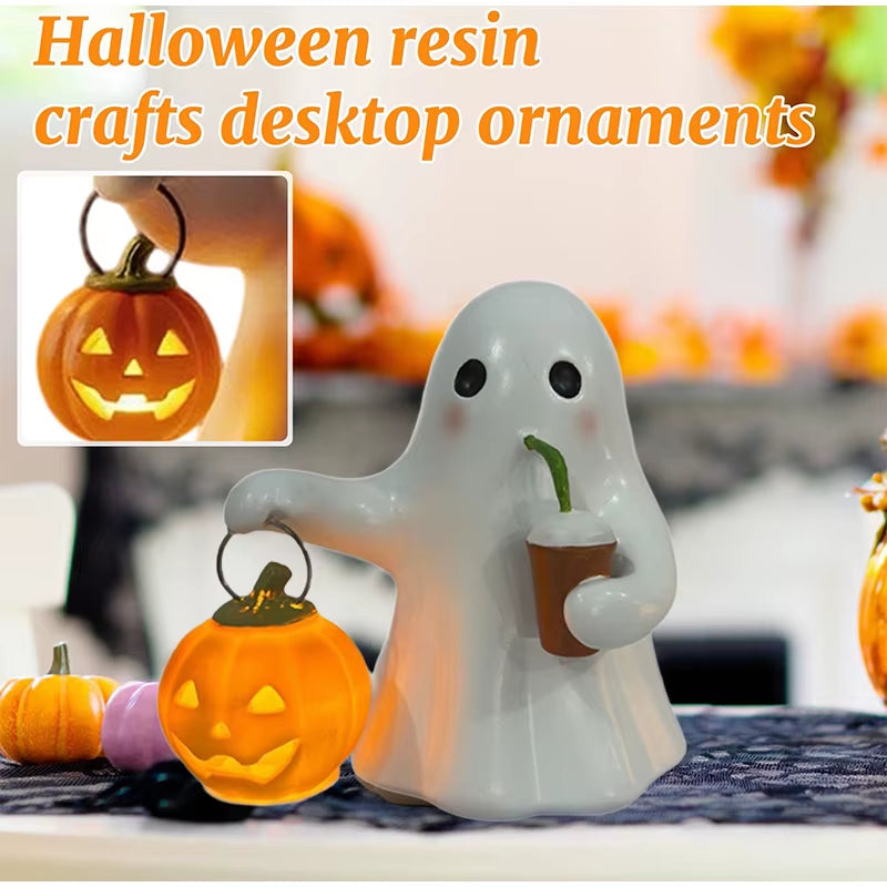 Halloween Cute Ghost Carrying Pumpkin Ornament White Orange Resin Home Decor Party Bar Desktop Mood Status Craft Festival Props