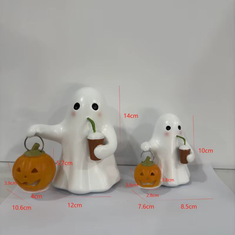 Halloween Cute Ghost Carrying Pumpkin Ornament White Orange Resin Home Decor Party Bar Desktop Mood Status Craft Festival Props