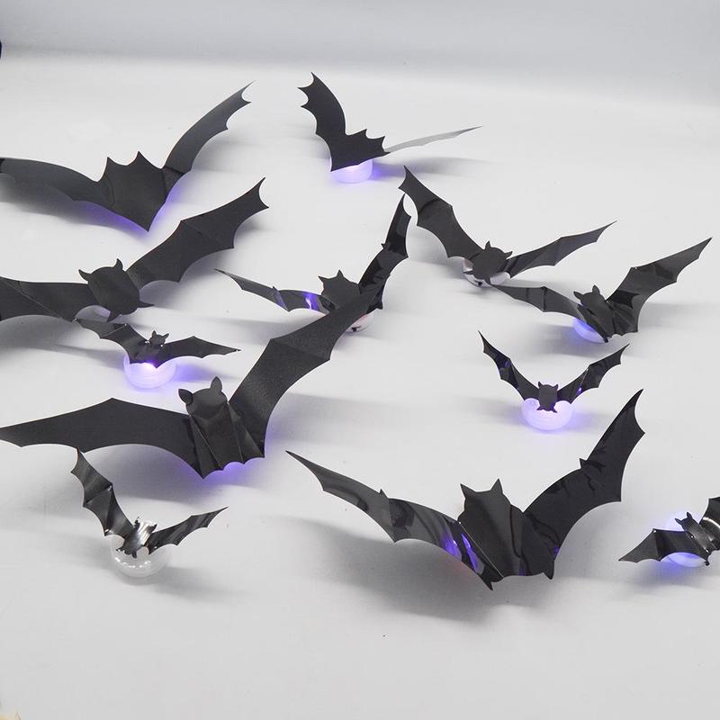 3D Bat Design LED Wall Decor - Set of 12 Bat-Shaped Stickers for Home, Parties, Festivals, and Halloween Decorations