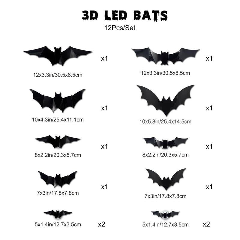 3D Bat Design LED Wall Decor - Set of 12 Bat-Shaped Stickers for Home, Parties, Festivals, and Halloween Decorations