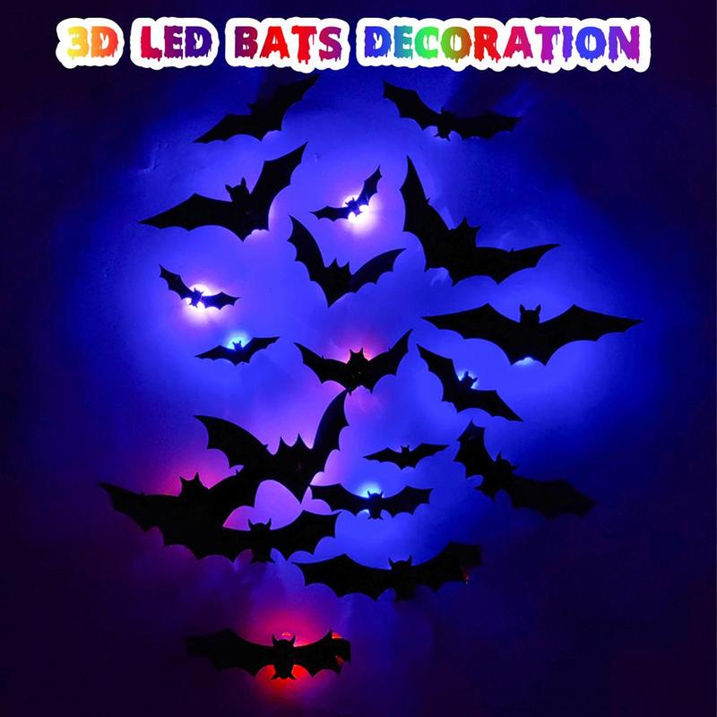 3D Bat Design LED Wall Decor - Set of 12 Bat-Shaped Stickers for Home, Parties, Festivals, and Halloween Decorations