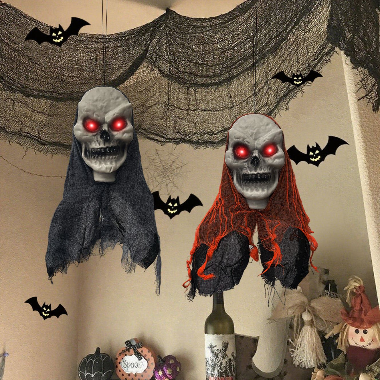 Set of 2 Set of 2 Hanging Skull Ghost Decorations – Creepy Skeleton Ornaments for Halloween Indoor & Outdoor DisplaysHalloween Hanging Skull Skeleton Ghost Ornaments - Haunted Home and Outdoor Decorations