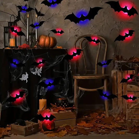3D Bat Design LED Wall Decor - Set of 12 Bat-Shaped Stickers for Home, Parties, Festivals, and Halloween Decorations