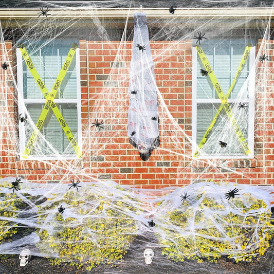 200 Sqft Halloween Spider Web with Fake Spiders – Extra Stretch Cobwebs for Indoor & Outdoor Decorations
