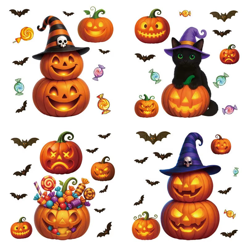 Halloween Window Glass Stickers Cartoon Pumpkin Lantern Candy Bat Skull Witch Hat Static Sticker Happy Halloween Day Party Decor