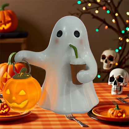 Halloween Cute Ghost Carrying Pumpkin Ornament White Orange Resin Home Decor Party Bar Desktop Mood Status Craft Festival Props