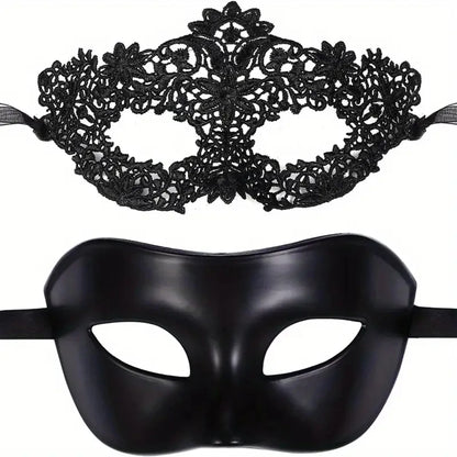 2Pcs Elegant Black Lace Masquerade Mask Set for Couples - Perfect for Venetian Party, Mardi Gras, and Halloween Celebrations