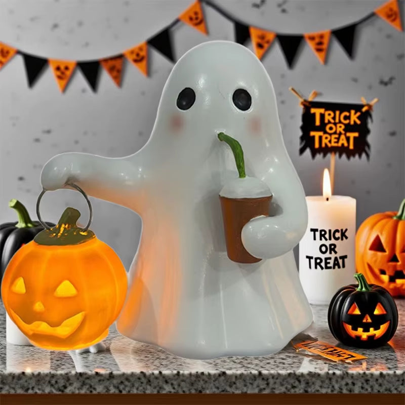 Halloween Cute Ghost Carrying Pumpkin Ornament White Orange Resin Home Decor Party Bar Desktop Mood Status Craft Festival Props