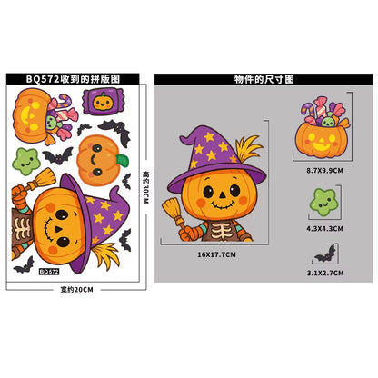 Halloween Window Glass Stickers Cartoon Pumpkin Lantern Candy Bat Skull Witch Hat Static Sticker Happy Halloween Day Party Decor