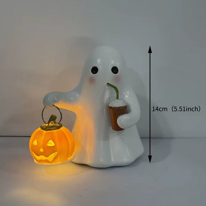 Halloween Cute Ghost Carrying Pumpkin Ornament White Orange Resin Home Decor Party Bar Desktop Mood Status Craft Festival Props
