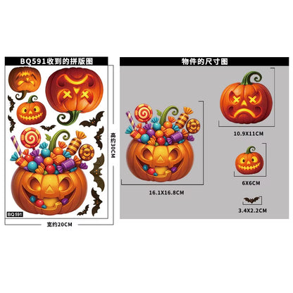 Halloween Window Glass Stickers Cartoon Pumpkin Lantern Candy Bat Skull Witch Hat Static Sticker Happy Halloween Day Party Decor